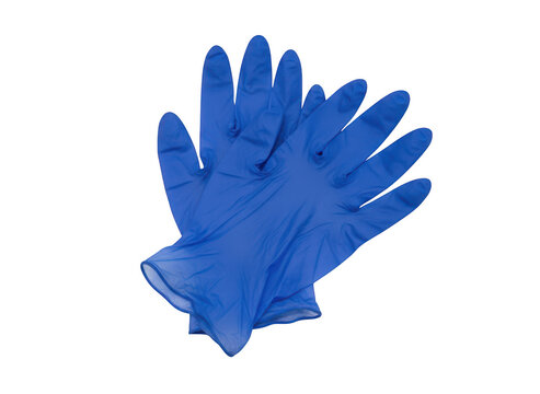 A pair of blue nitrile medical gloves overlapping each other, commonly used for hygiene, protection, and clinical examinations, black background isolated on a transparent background