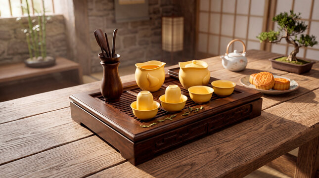 Yellow Ceramic Gongfu Tea Set with Steaming Teapot and Mooncakes on a Wooden Tray in a Bright Sunlit Asian Inspired Room