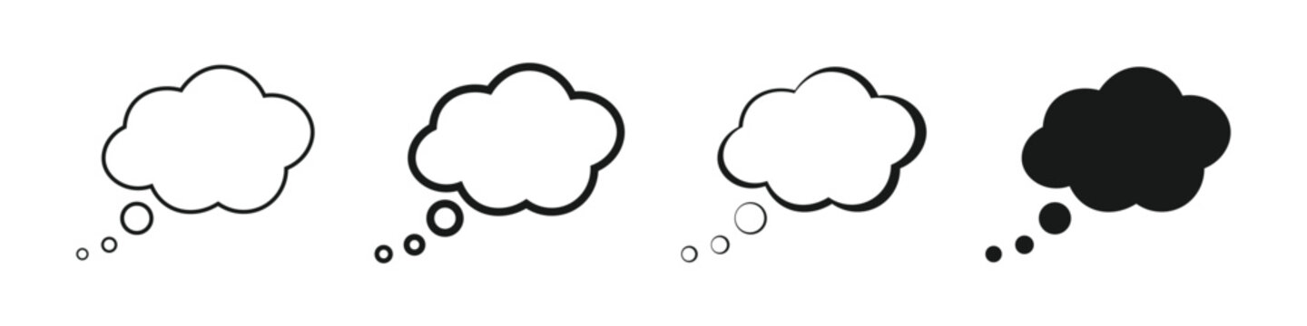 Creative thought bubble icon collection showing cloud shaped thinking symbols with varied outlines for ideas, imagination, reflection, and brainstorming concepts