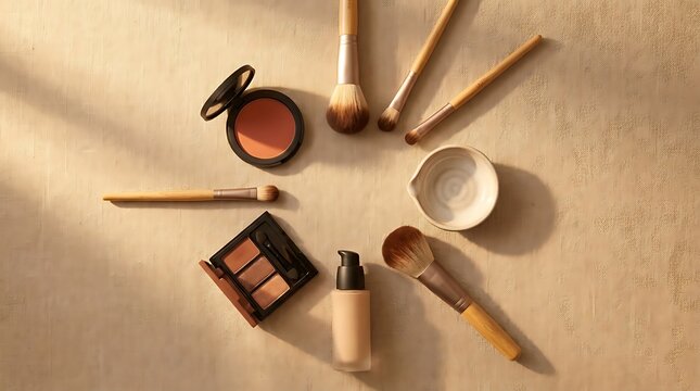 Set of professional makeup brushes and beauty products arranged in a circle on a warm beige background. simple makeup tutorial