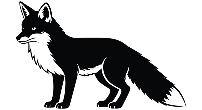 Black silhouette of a fox stands in profile against a white background