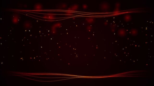 Glowing red fire sparks floating on dark background with elegant curved wave lines loop animation
