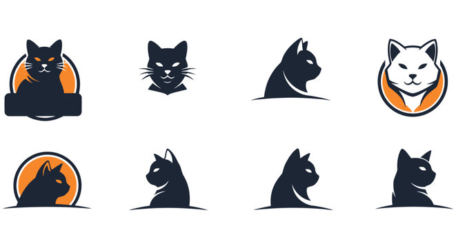 Collection of cat head emblems and silhouettes with orange accents on a white background