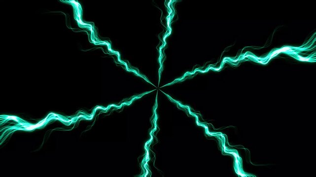 Vibrant green lightning bolt motion graphics, glowing electrical currents, electric discharge radial pattern, lightning bolt motion elements, electrical energy rays on black background.4k video