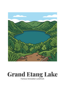 Grand Etang Lake Grenada Flat Vector Poster Illustration of Famous Landmark