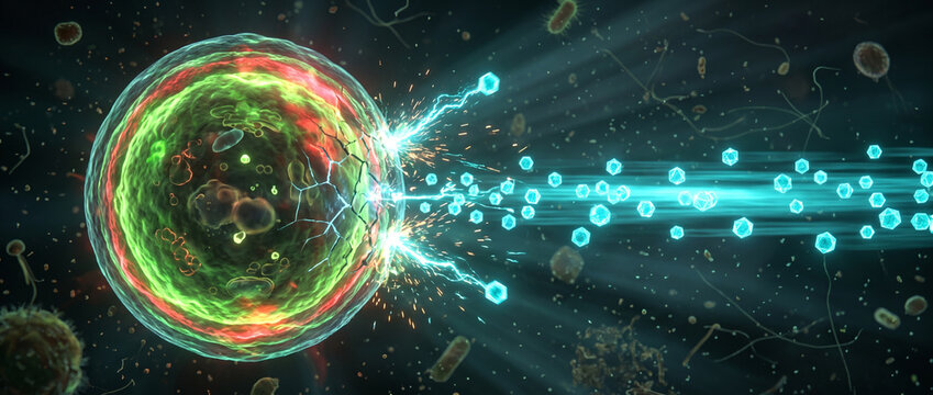 Targeted nanoparticle delivery impacting a bacterial cell membrane. Microscopic view of pathogen lysis and antibiotic treatment. Nanomedicine and immunotherapy concept