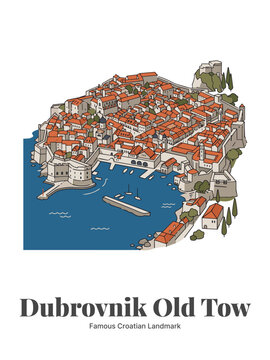 Dubrovnik Old Town Croatia Flat Vector Poster Illustration of Famous Landmark Cityscape