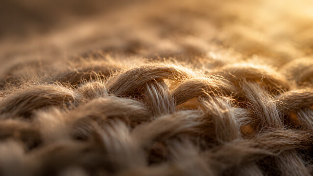 Extreme macro close up view showing detailed woven fiber texture of a rustic brown burlap sack cloth under warm side lighting