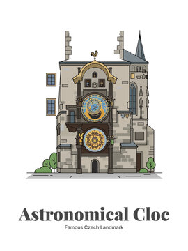 Flat Vector Poster Illustration of the Prague Astronomical Clock, Famous Czech Landmark in Old Town Square