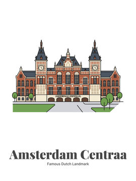 Amsterdam Centraal Station Dutch Railway Building Flat Vector Poster Illustration of Famous Landmark