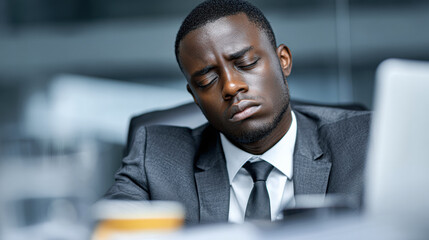 Fototapeta premium A man in a suit appears stressed or tired, with eyes closed and head tilted down, in an office setting.