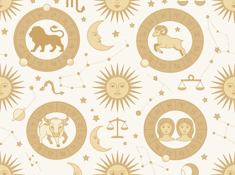 Vintage Astrology Seamless Pattern with Zodiac Signs, Sun, Moon, and Constellations