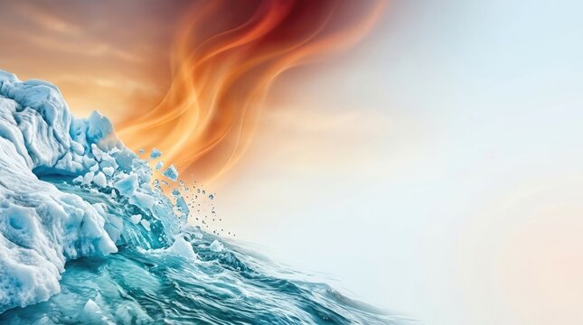 A massive iceberg breaks apart dramatically in a turbulent ocean. Intense orange flames erupt from the fracturing ice, creating a dynamic and visually striking scene.