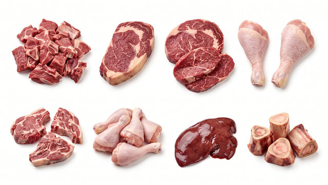 Big set of fresh raw meat and poultry cuts isolated on white background