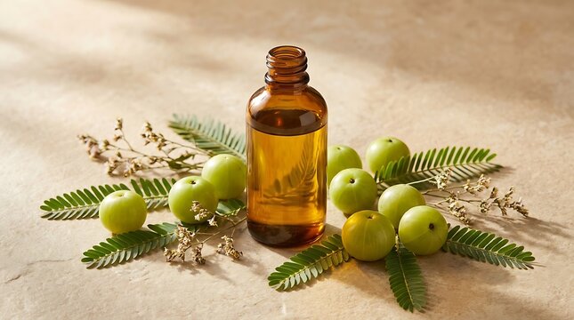 Glass bottle of organic amla oil with fresh green amla fruits and medicinal leaves on a rustic surface. amla oil