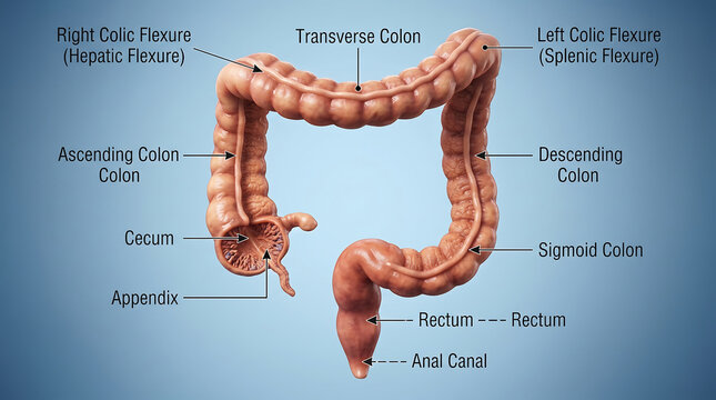 This image shows an anatomical model of the large intestine, with labels clearly indicating the location and names of its biological components.