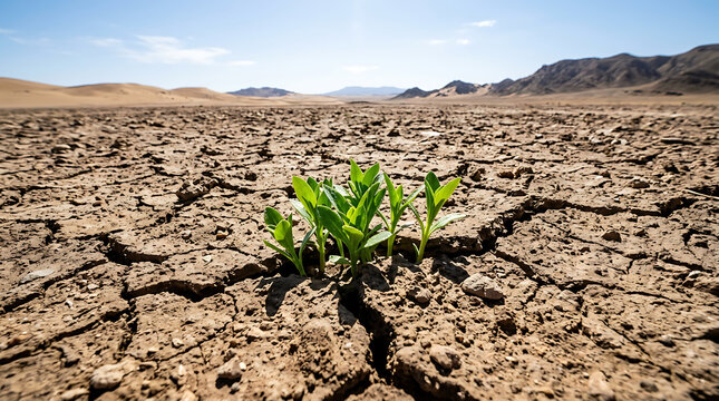 A small green plant grows through cracked dry earth in a vast arid desert landscape