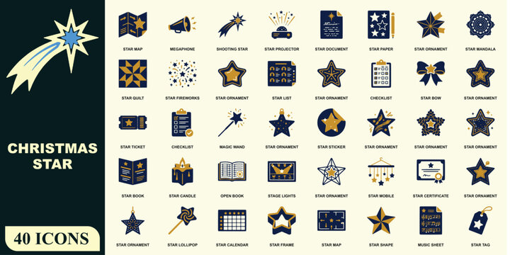 Set of forty christmas star featuring celestial symbols, festive ornaments, decorative shapes, and holiday in a flat blue and gold color palette on a light background