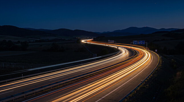 Vehicular light trails on a winding highway at night with highway traffic