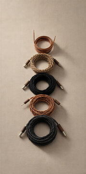 Vertical flat lay of coiled vintage fabric electrical cords and copper wire. Audio cables with wooden jacks
