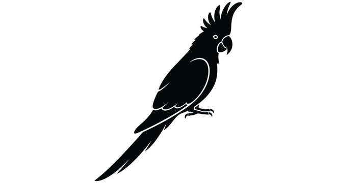 Black parrot silhouette stands against a white background a simple avian form