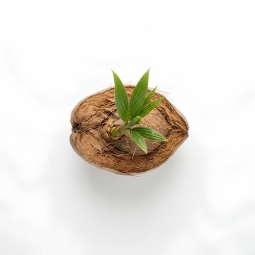 Young Plant Growing from Nut on White Background.