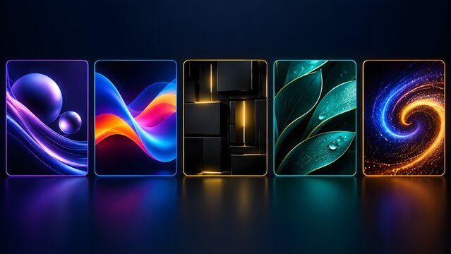 Set of five vertical panels displaying diverse abstract digital art compositions in neon colors