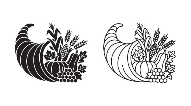 thanksgiving cornucopia basket vector icon silhouette with line art silhouette with line art vector icon