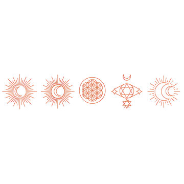 Terracotta Mystical Celestial Icons Featuring Sun Crescent Moon Flower of Life and Esoteric Eye Symbols in a Minimalist Line Art Style