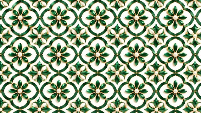 Seamless floral pattern with intricate green and white quatrefoil tile design