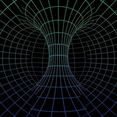 Obraz premium Abstract 3d wireframe torus tunnel with glowing blue to green gradient grid lines