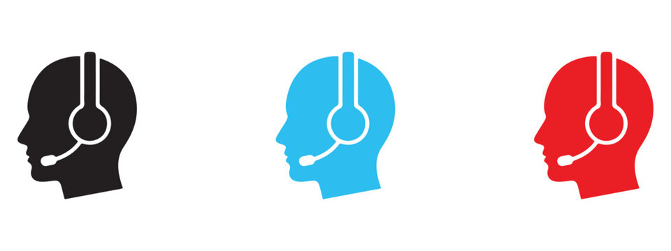 Call center agent operator icons in black blue and red with customer support