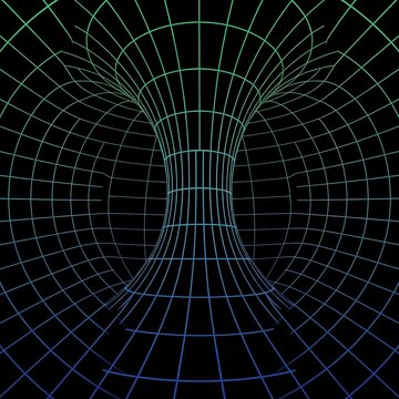 Abstract 3d wireframe torus tunnel with glowing blue to green gradient grid lines