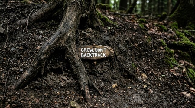 Rustic wooden sign with motivational message 'Grow, Don't Backtrack' nestled amongst tree roots in a forest setting