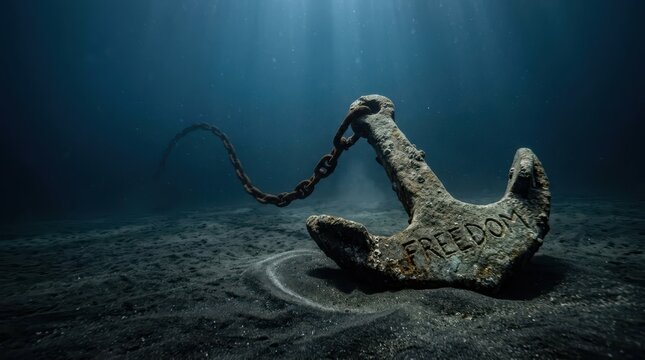 Rusty anchor with the word 'freedom' carved into it rests on the sandy ocean floor, illuminated by shafts of sunlight
