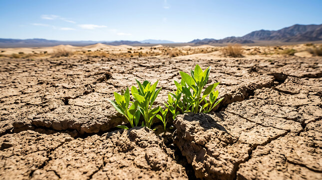 Small green plant sprouting from cracked dry earth in a desert landscape