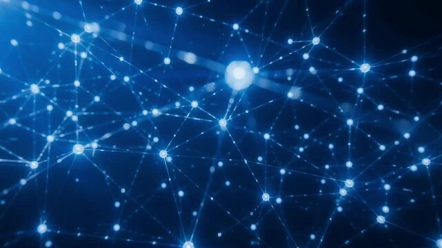 Glowing blue network connections forming complex geometric web patterns in this digital motion background video clip