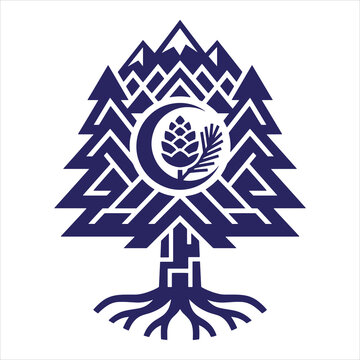 Geometric pine tree logo with pinecone, mountains and crescent moon vector emblem