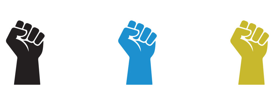 Fist icon representing unity and strength in three colors with power sign