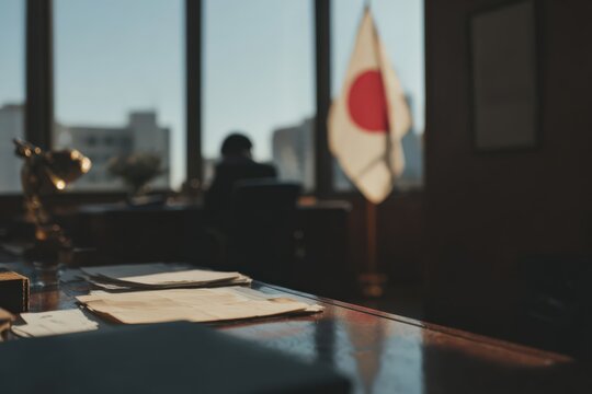 Office scene with Japanese flag on desk and person working in modern setting during daylight hours