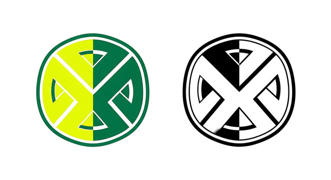 Icon Circle Emblem Two Circular Geometric Logos Featuring a Stylized X Design Presented in Green and Yellow and Black and White Versions on a
