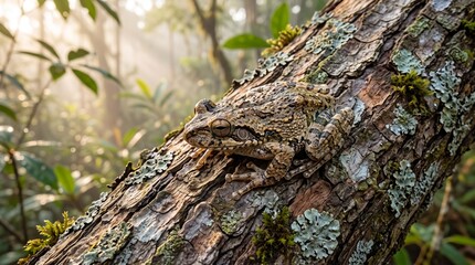 Obraz premium Camouflaged frog resting on lichen covered tree trunk