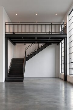 Modern industrial loft interior with steel staircase and mezzanine floor