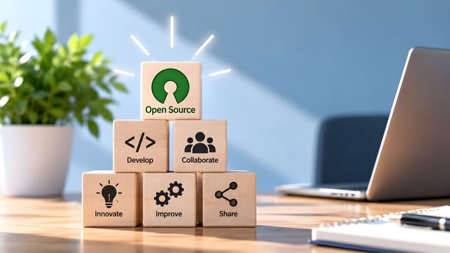 Wooden blocks stacked in a pyramid with open source software icons representing collaborative development and innovation