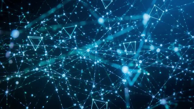 Digital network nodes connecting particles in constant motion creating beautiful blue abstract geometric animation background clip