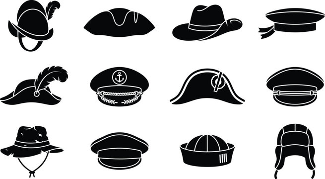 Set of various historical and professional hats icons including military caps, sailor hats, and vintage headwear in black silhouette style
