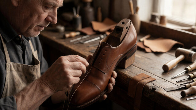 Ein Schuhmacher n&auml;ht einen hochwertigen Lederschuh mit einer traditionellen Handarbeitstechnik. Der Fokus liegt auf den H&auml;nden, der Naht und der charakteristischen Schuhmacherform.