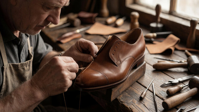Ein Schuhmacher n&auml;ht einen hochwertigen Lederschuh mit einer traditionellen Handarbeitstechnik. Der Fokus liegt auf den H&auml;nden, der Naht und der charakteristischen Schuhmacherform.