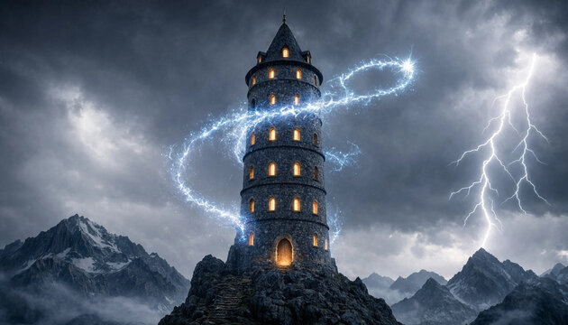 Fantasy wizard stone tower on mountain cliff under stormy sky with magic lightning energy. Concept of fantasy castle, fantasy landscape, sorcery, spell, mystical.