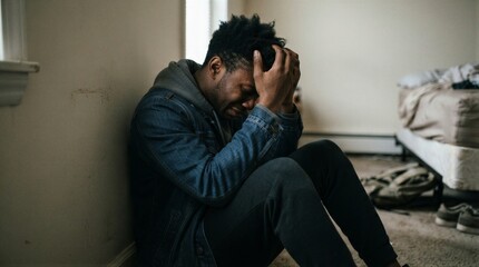 Fototapeta premium Young man clutching head in distress beside bed in messy bedroom